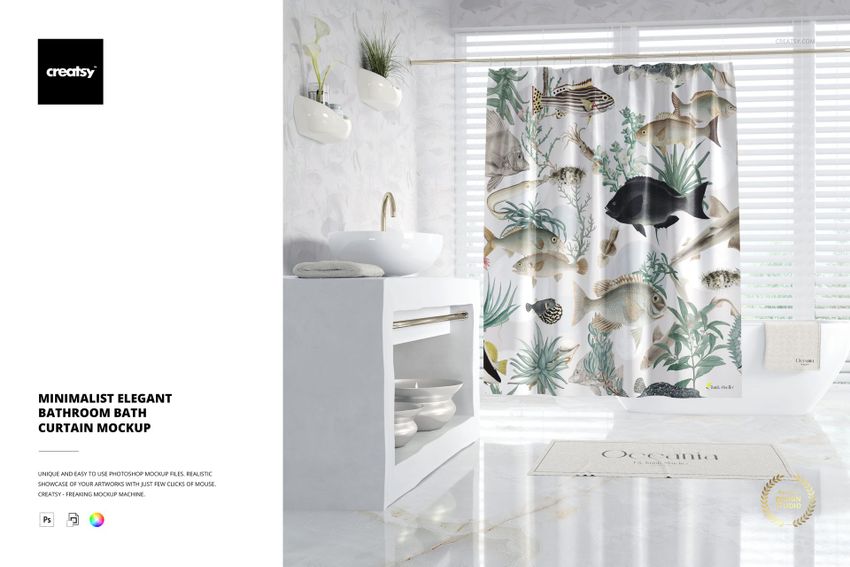 Bathroom with white marble walls featuring a bath curtain mockup decorated with various fish and aquatic plants.
