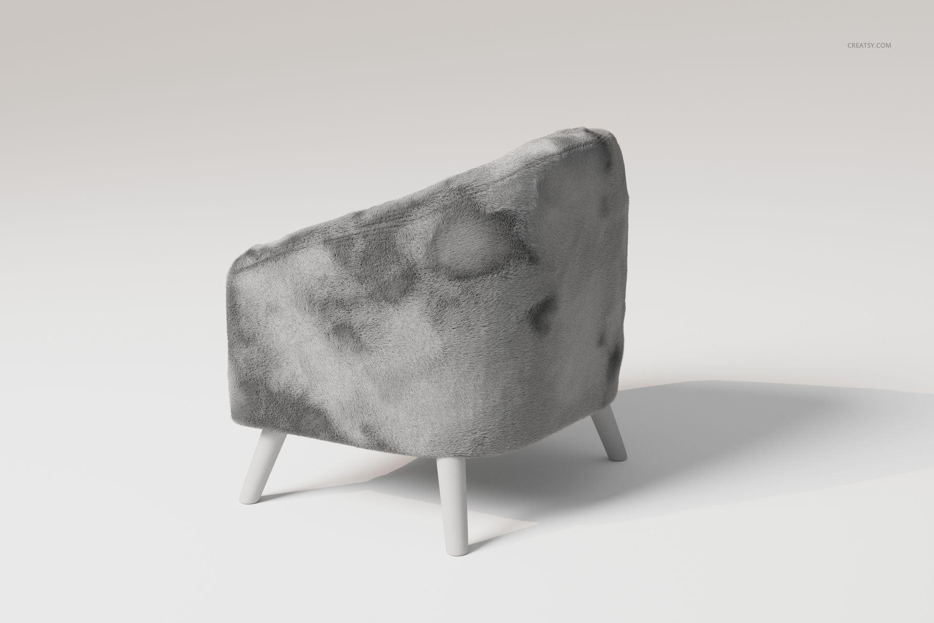 Accent chair with soft, lamb-like textured upholstery in gray tones, shown from a rear side angle on a plain background.