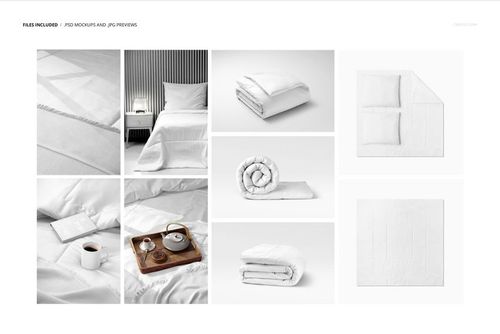 Microfiber comforter mockup set featuring folded and spread comforters in white, shown in bedroom and close-up views.