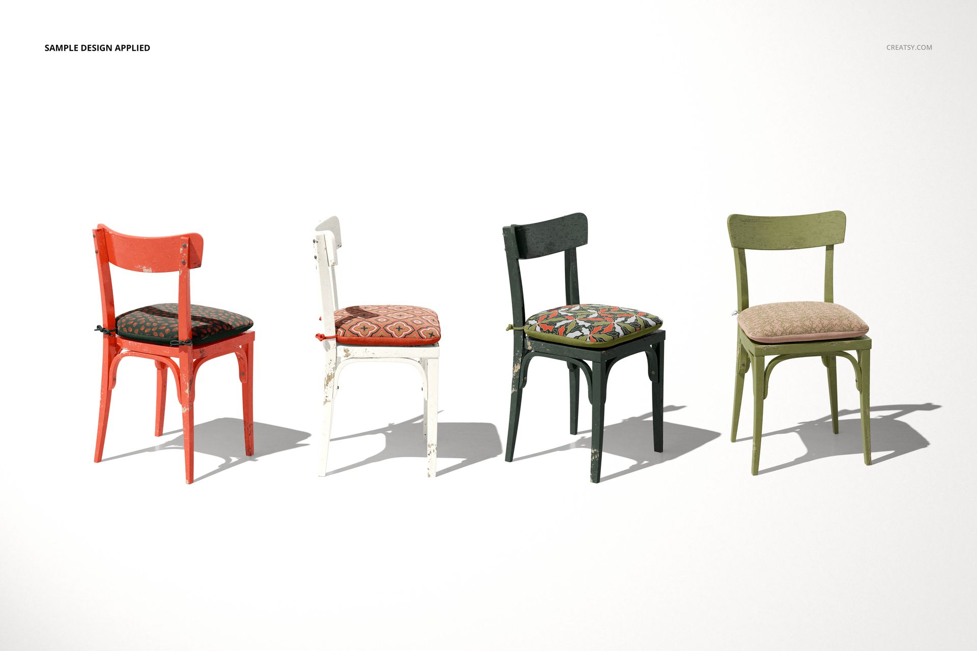 Rustic chair cushion PSD mockup set with different colored chairs and patterned cushions, arranged in a row.