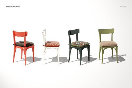 Rustic chair cushion PSD mockup set with different colored chairs and patterned cushions, arranged in a row.