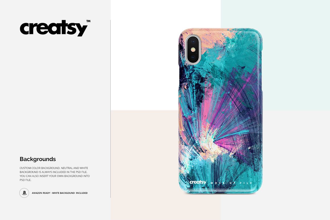 PSD mockup of an iPhone X case with colorful painted brushstroke pattern, presented upright against a light background.