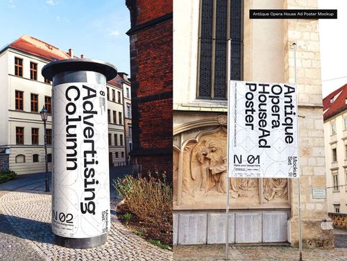 Outdoor advertising mockup showing a cylindrical column and a large poster, both with black text on white backgrounds in a sunlit urban setting.