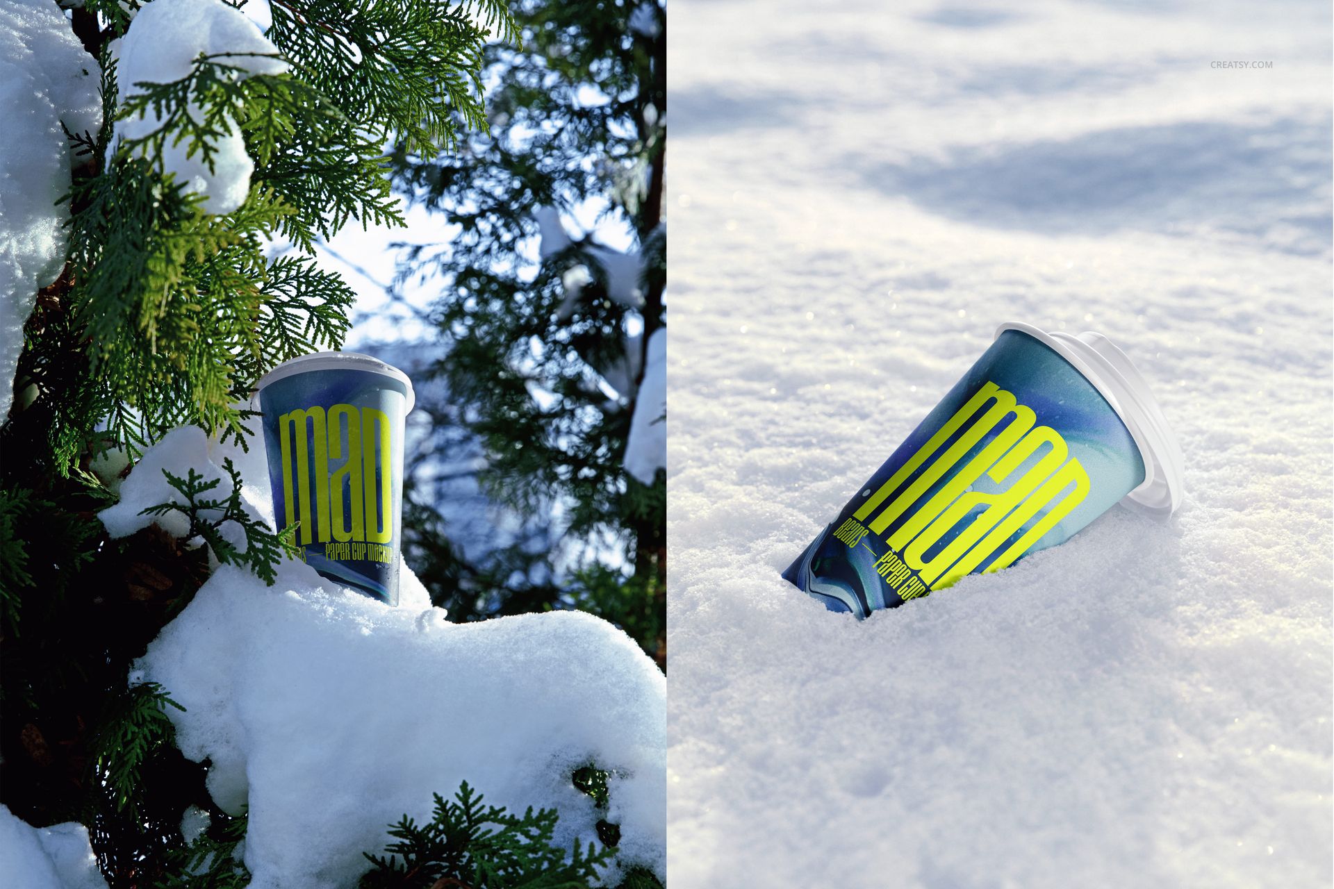 Winter-themed paper cup mockup featuring a blue cup with yellow text, placed in deep snow and near evergreen branches.
