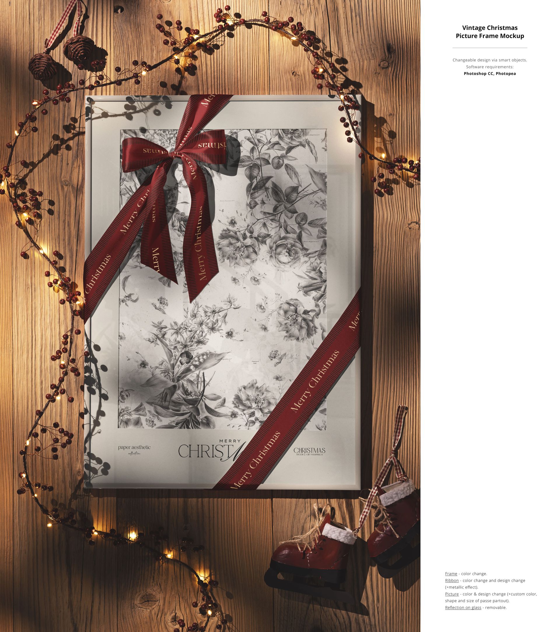 Christmas-themed picture frame mockup with red ribbon, surrounded by festive berries and small ice skate ornaments.