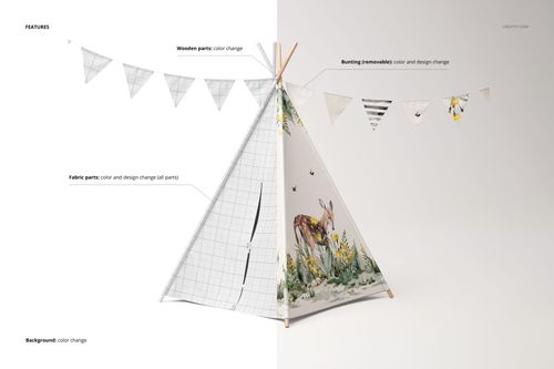 Front view of a teepee tent mockup with editable panels, wooden poles, and bunting flags, split design shown.