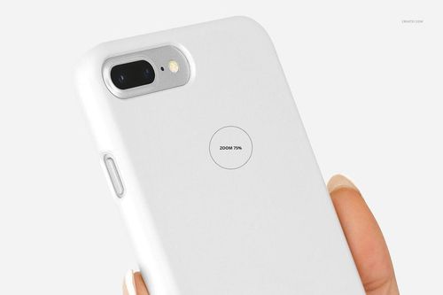 White iPhone 7 Plus or 8 Plus plastic case mockup shown from the back, held by fingers against a light background.