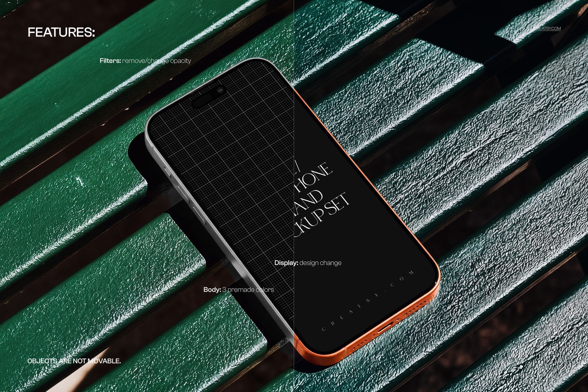 iPhone smartphone mockup with a grid overlay resting on a green park bench, shown from a top angle in sunlight.