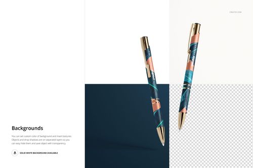 Paragon pen mockup featuring two pens with abstract designs, displayed on white and navy backgrounds with transparency.