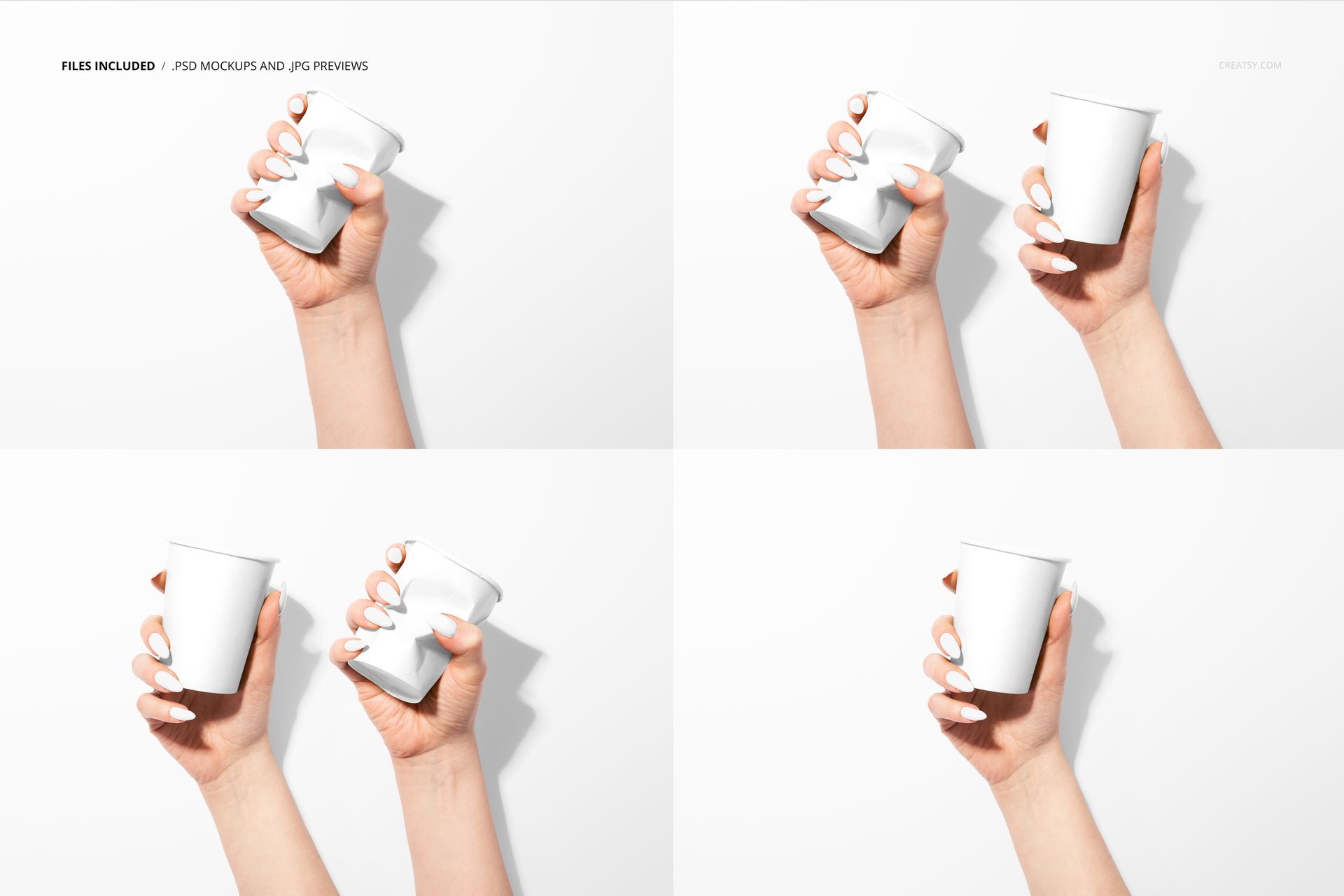 Set of four mockup images featuring a white paper cup in female hands, with varied grips and lighting on a white surface.