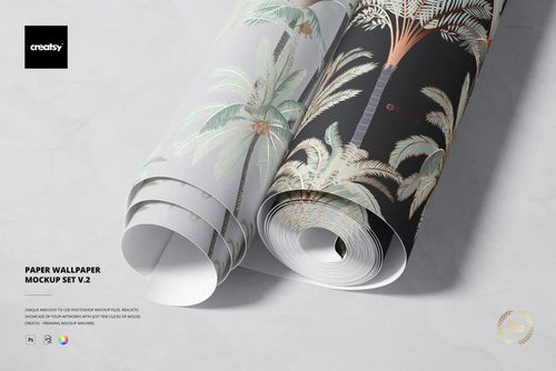 Rolled paper wallpaper mockup featuring two designs with palm tree patterns, displayed on a light marble surface.