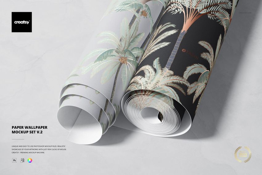 Rolled paper wallpaper mockup featuring two designs with palm tree patterns, displayed on a light marble surface.