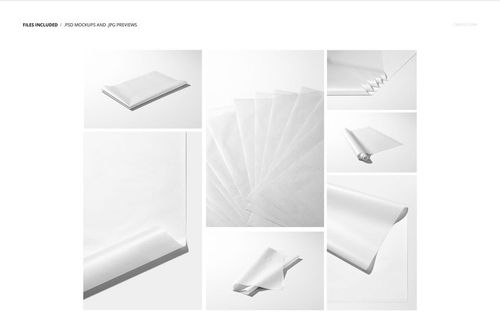 White tissue paper mockup set featuring close-ups and wide shots of sheets arranged in different positions on a light surface.
