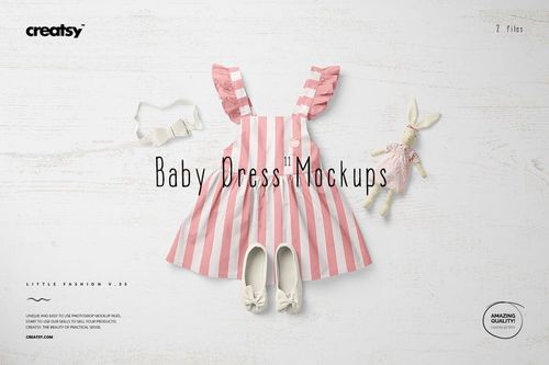 Front view of a pink and white striped baby dress mockup with ruffled straps, white shoes, headband, and plush bunny on a light surface.