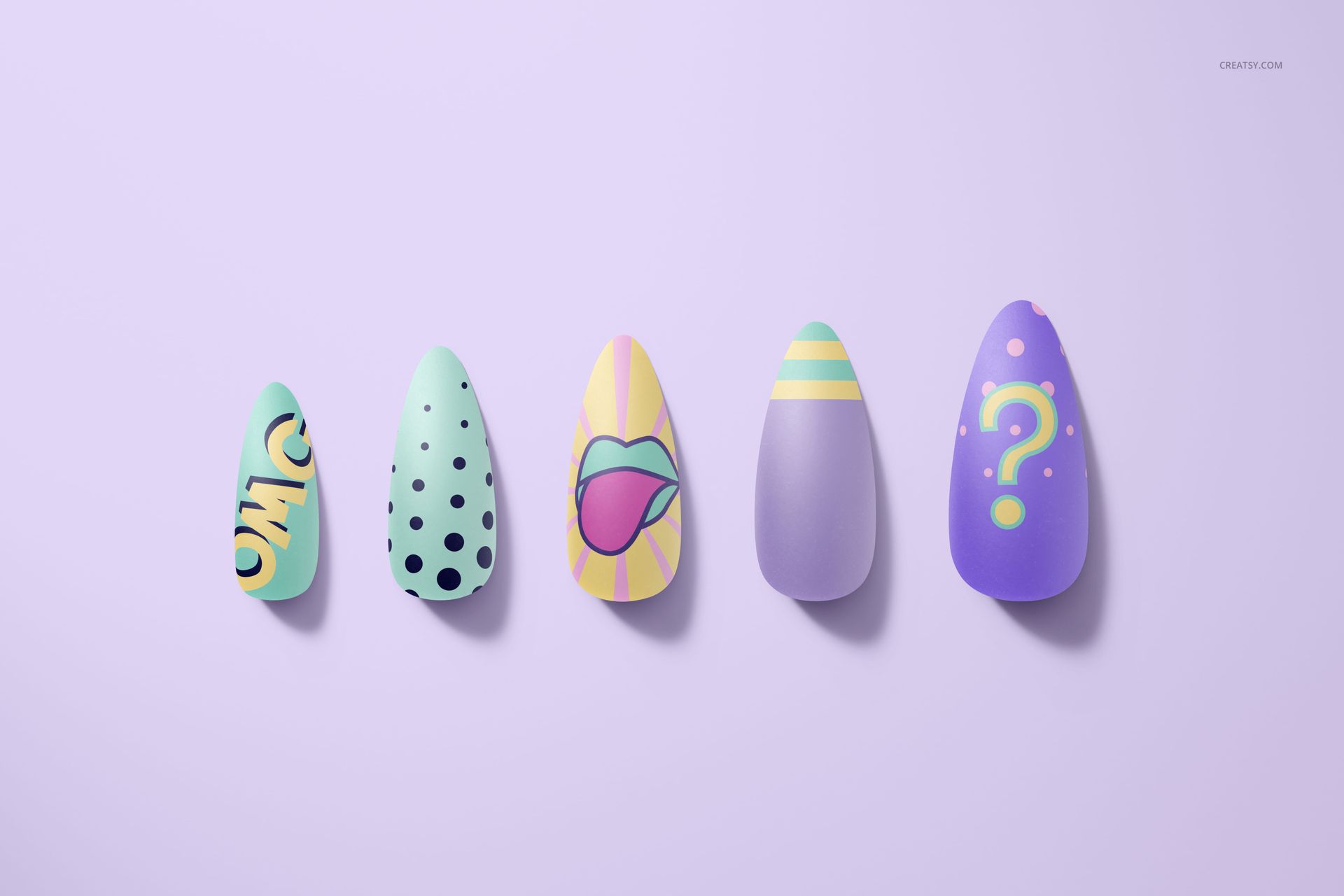 PSD mockup showing five nail tips with playful art styles, including polka dots and bold graphic elements.