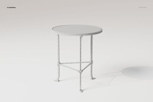 Round accent table with metal frame and mirror top, shown in a 3D wireframe view on a light background.