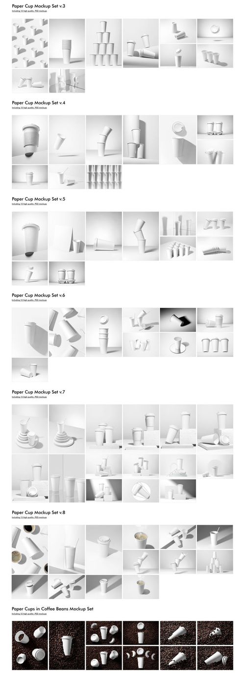 Multiple paper cup mockups arranged in various groups and perspectives, featuring plain white cups on neutral backgrounds.