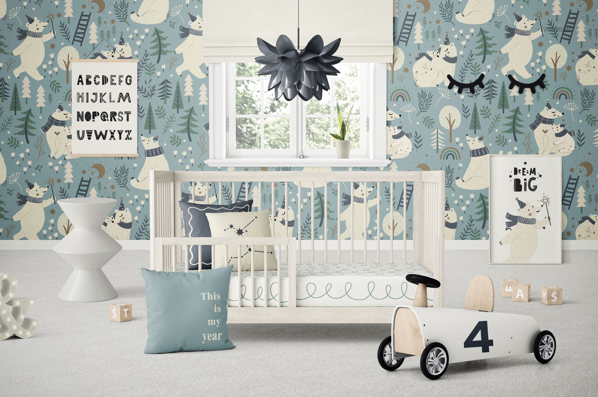 Nursery scene featuring a wooden crib, playful wall art, plush pillows, and a white PSD mockup toy car.