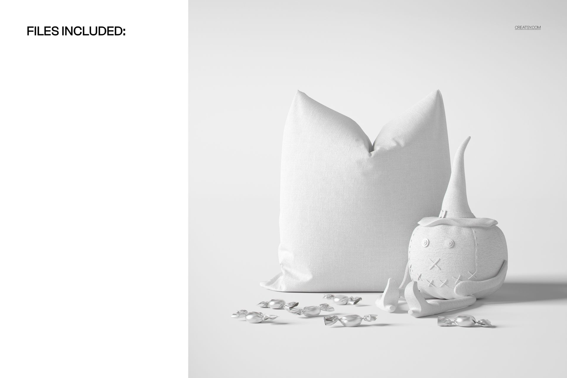 Front view of a Halloween pillow and toy pumpkin mockup in white, surrounded by scattered candies on a plain surface.