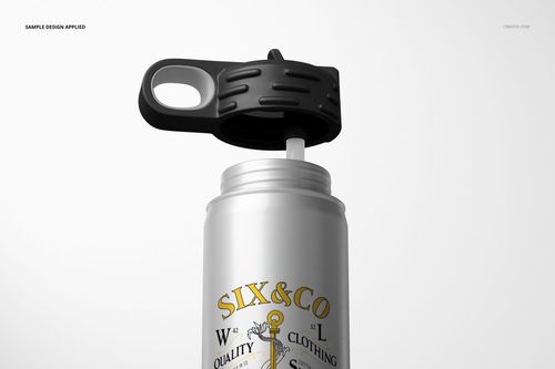 Mockup of a 20 oz. stainless steel water bottle with open black cap, highlighting texture and printed graphics.
