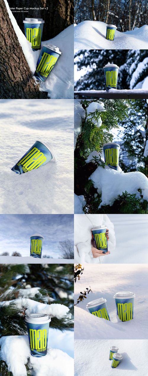 PSD mockup of paper cups with vibrant graphics positioned on snow, trees, and natural backgrounds in winter conditions.