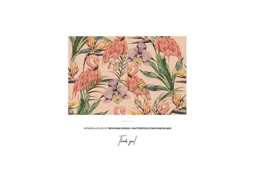 Rectangular dog harness mockup featuring a tropical floral pattern in pink, orange, and green on a beige background.