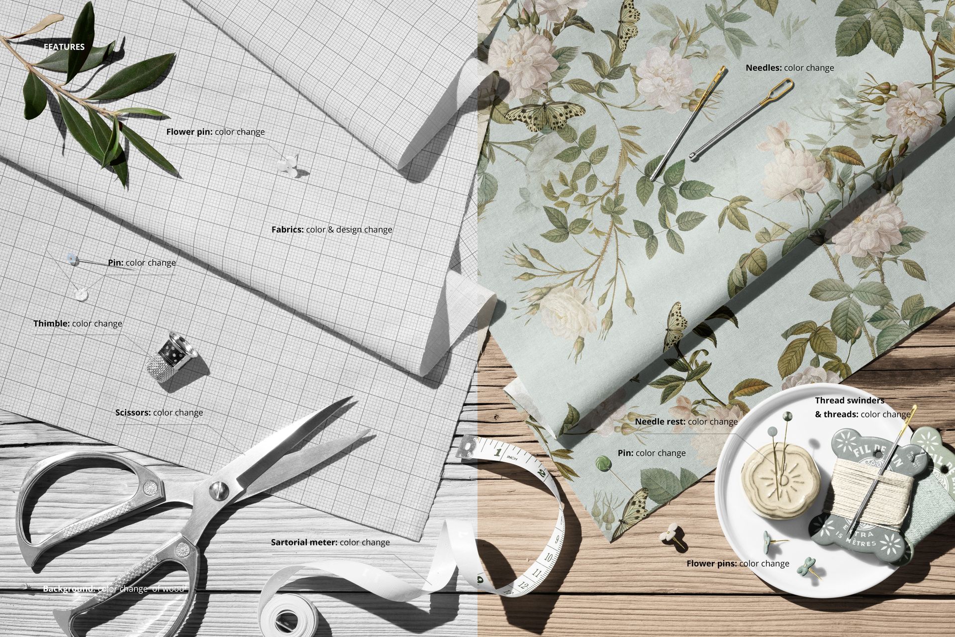 Top view of two cotton fabrics mockup, one with a grid pattern and one with a floral butterfly design, surrounded by sewing tools.