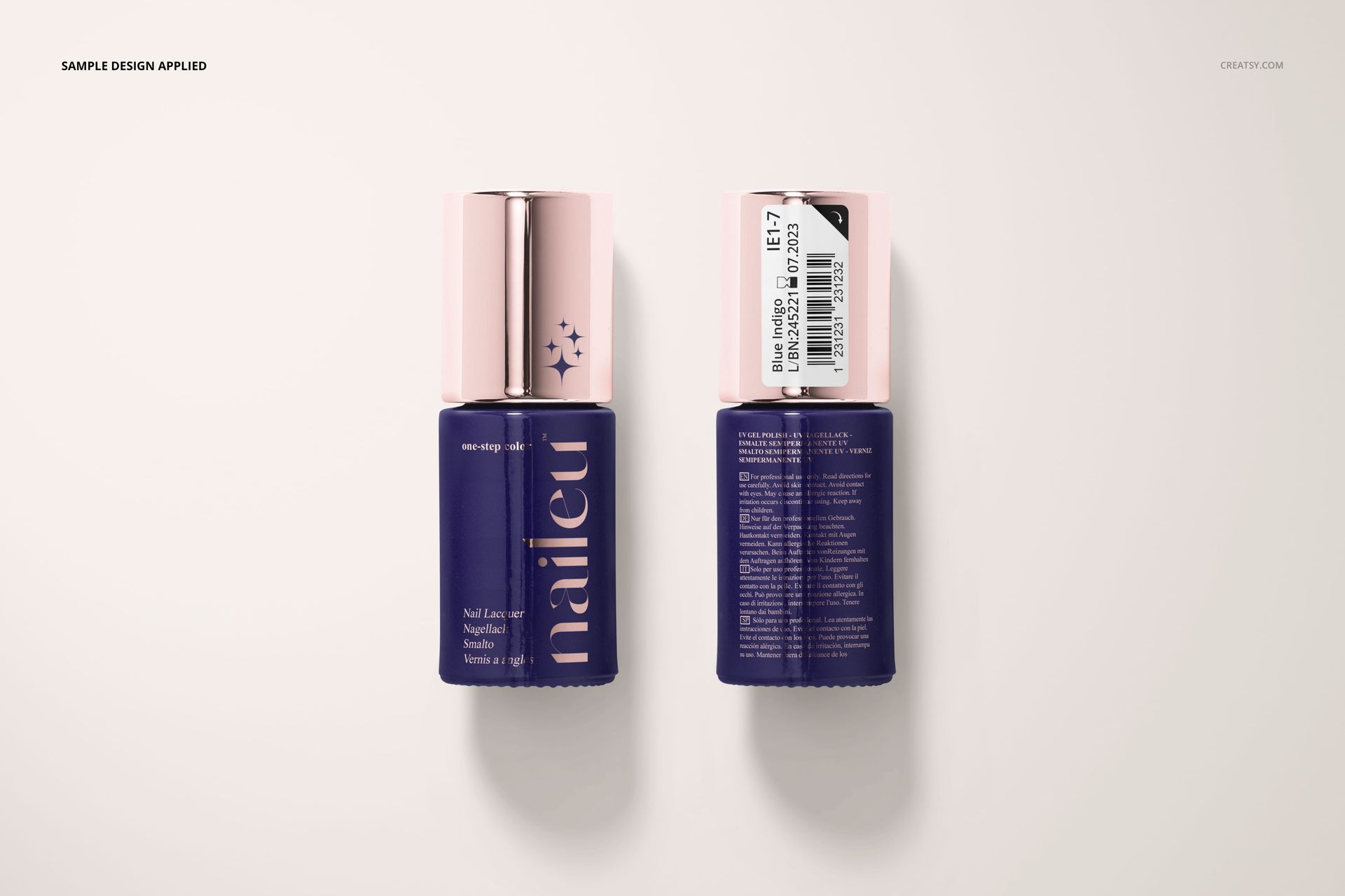 Two dark purple nail polish bottles with metallic caps shown from front and back on a light surface, PSD mockup.