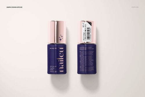 Two dark purple nail polish bottles with metallic caps shown from front and back on a light surface, PSD mockup.