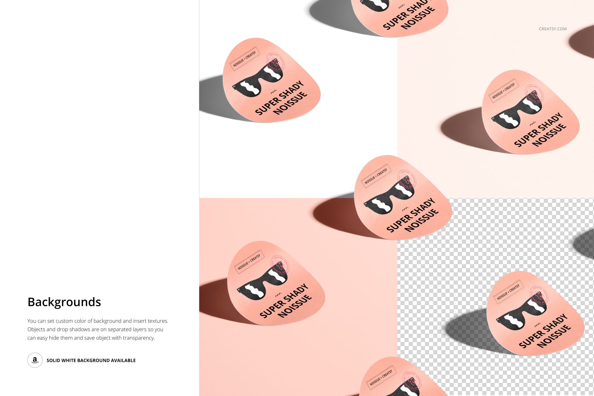 Row of round stickers with peach color and black text, arranged on a white and transparent background in a mockup scene.