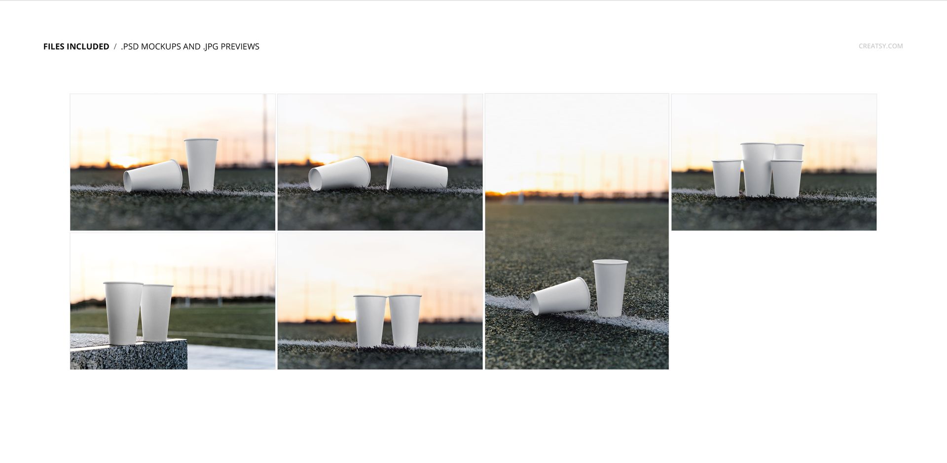 White paper cups with lids and straws displayed on a sports field, shown from various angles in a mockup set.