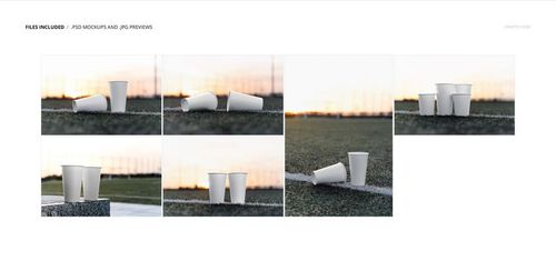 White paper cups with lids and straws displayed on a sports field, shown from various angles in a mockup set.