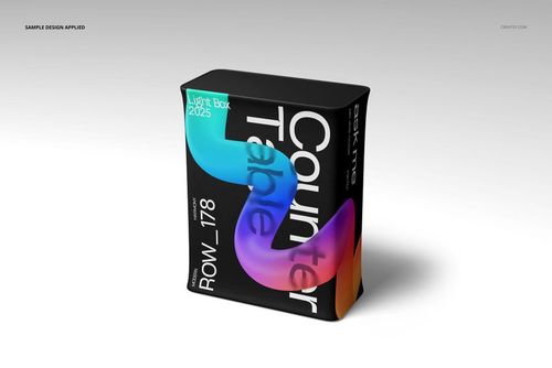 Rectangular counter table mockup featuring bold multicolor design elements and white text, shown on a plain surface.