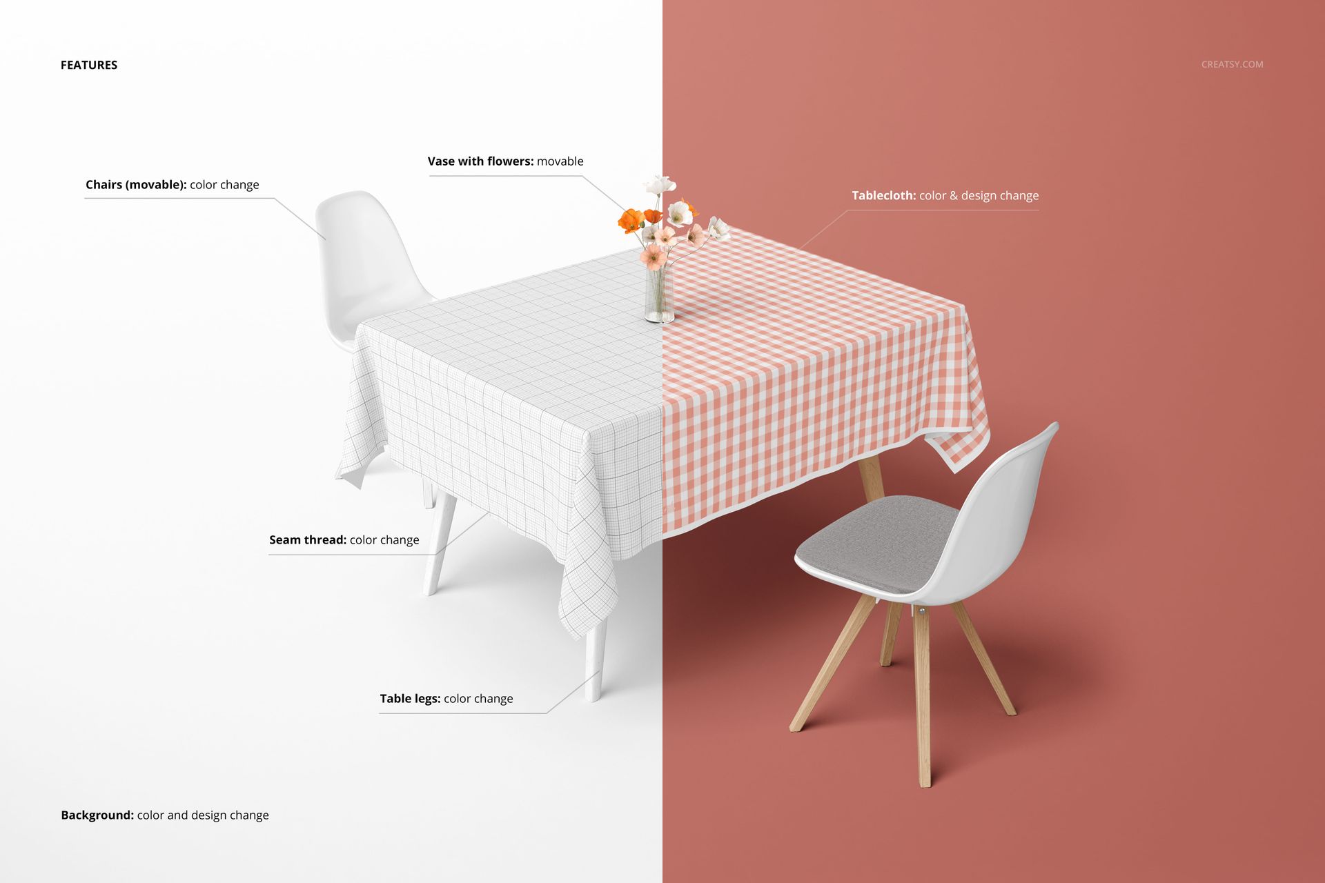 Rectangular tablecloth mockup displayed on a dining table, featuring a grid pattern on one side and a gingham pattern on the other.