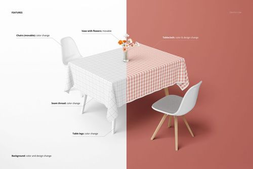 Rectangular tablecloth mockup displayed on a dining table, featuring a grid pattern on one side and a gingham pattern on the other.
