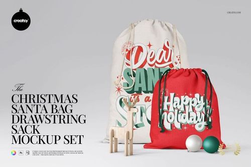 PSD mockup featuring a cream and red Christmas drawstring bag, festive designs, and seasonal props in a studio scene.