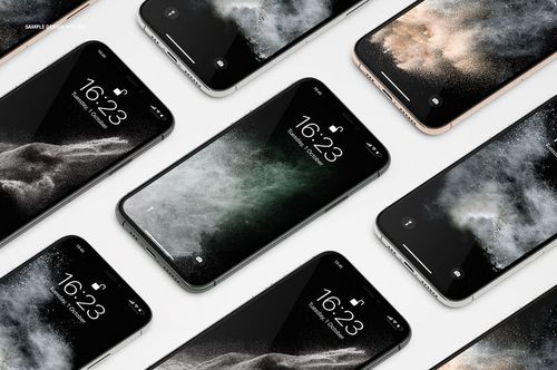 Diagonal arrangement of iPhone 11 Pro mockup devices featuring various screen wallpapers and metallic frames.