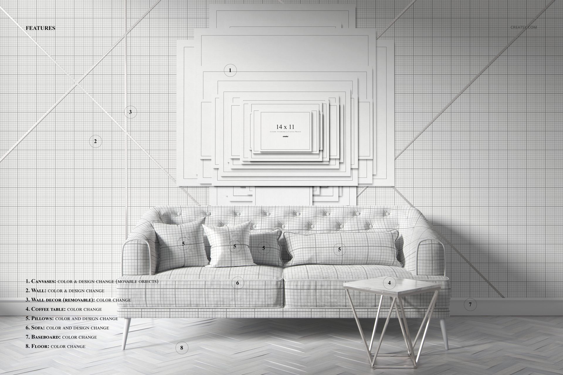 Front view of a light gray art deco sofa with patterned cushions, set against a wall displaying layered blank canvas mockups in various sizes.