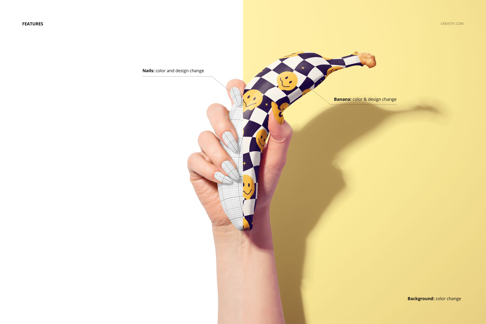 Close-up of a hand with patterned nails grasping a banana mockup featuring black and white checks and yellow smiley faces.