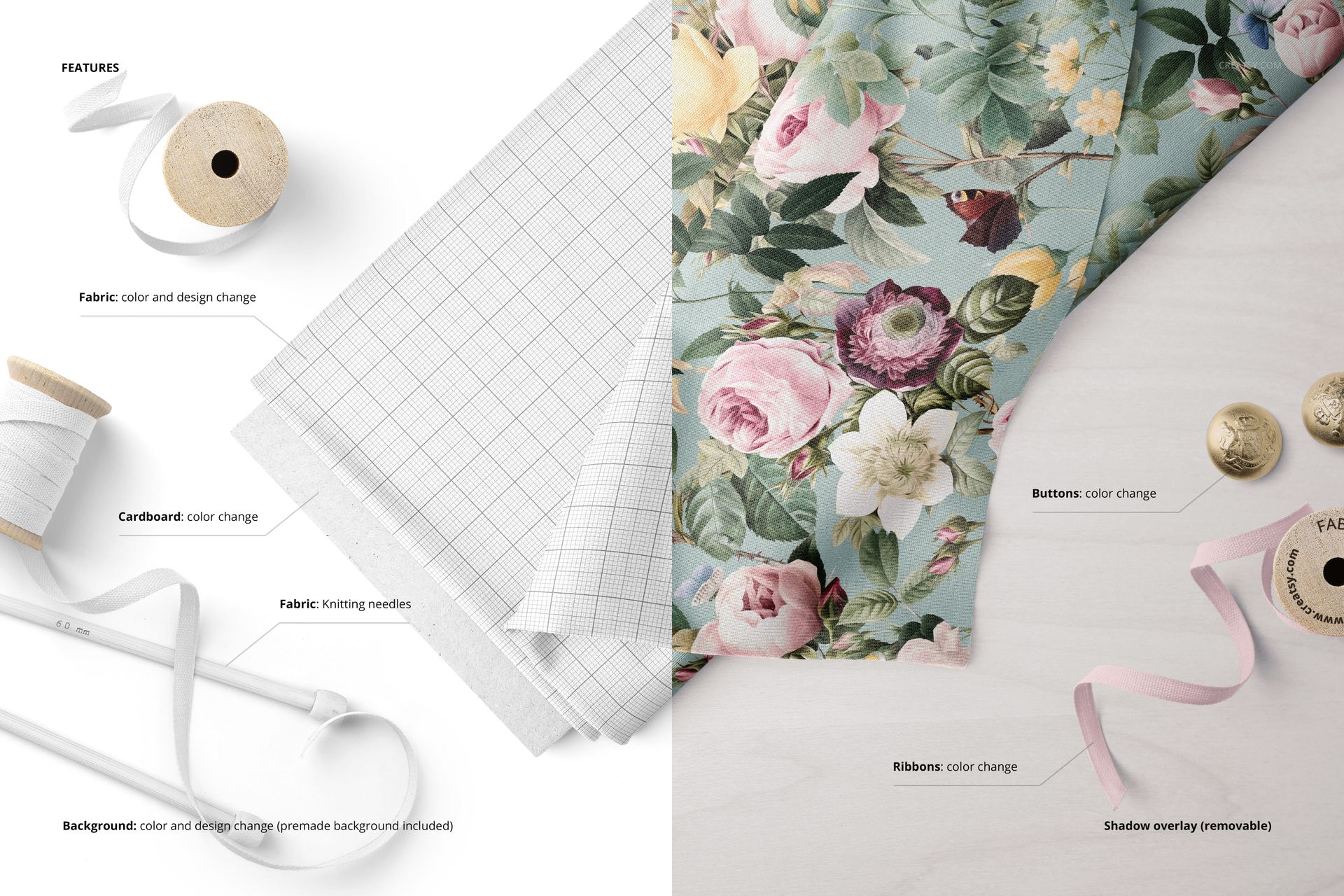 Top-down perspective of a fabric PSD mockup showing grid and floral designs, ribbons, buttons, and crafting props.