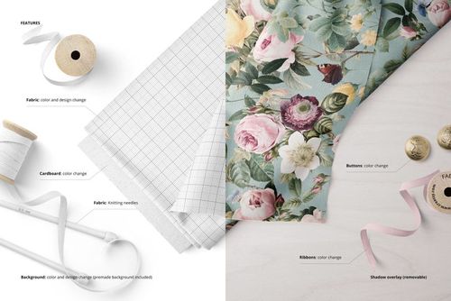 Top-down perspective of a fabric PSD mockup showing grid and floral designs, ribbons, buttons, and crafting props.