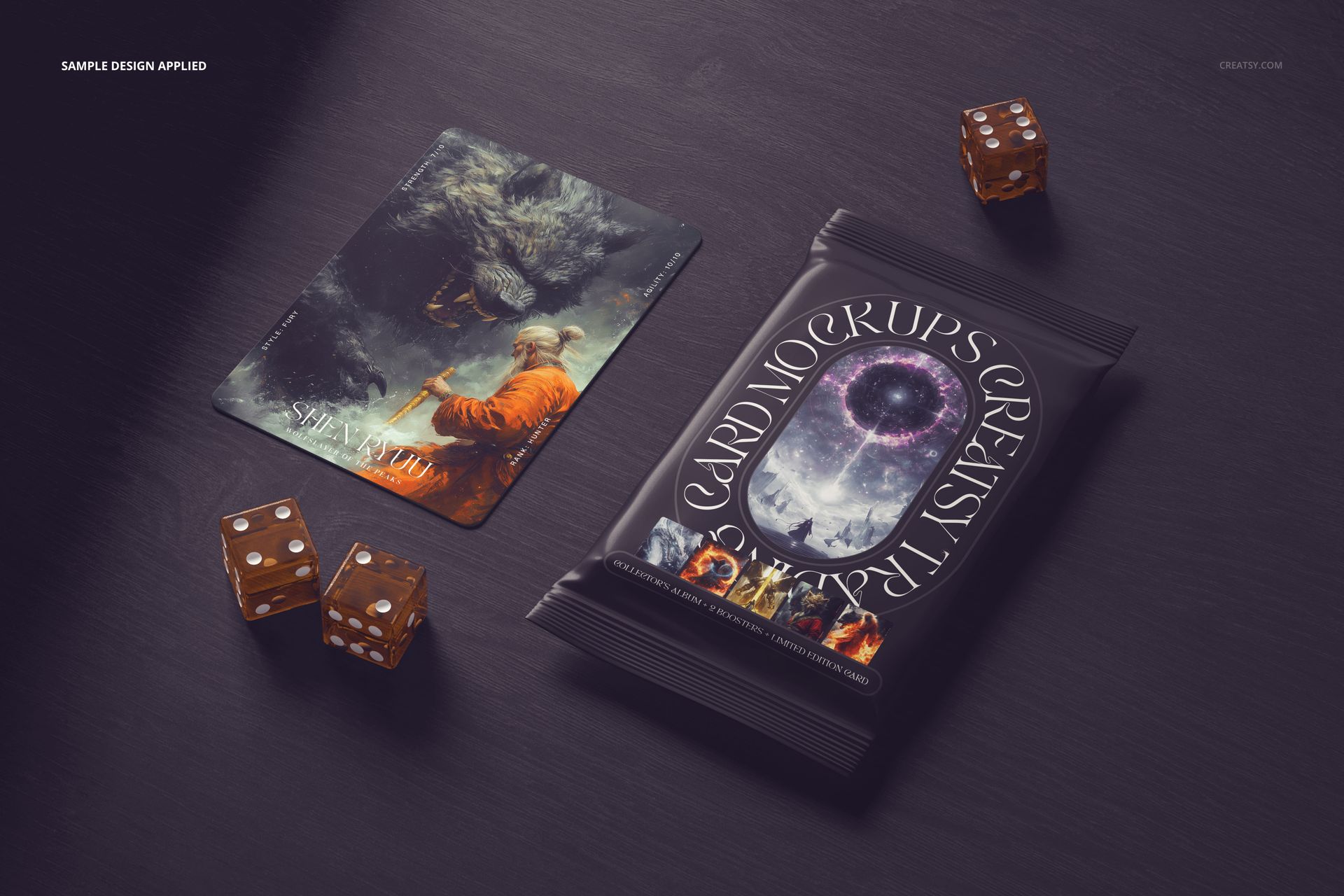 Trading card and sealed pack displayed on a dark tabletop with four brown dice, shown in a realistic mockup scene.