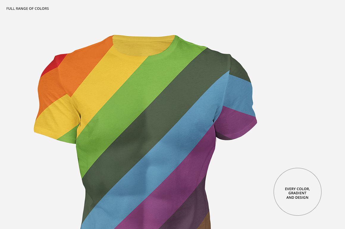 PSD mockup of a muscular man in a colorful striped t-shirt, shown from the front against a plain white backdrop.