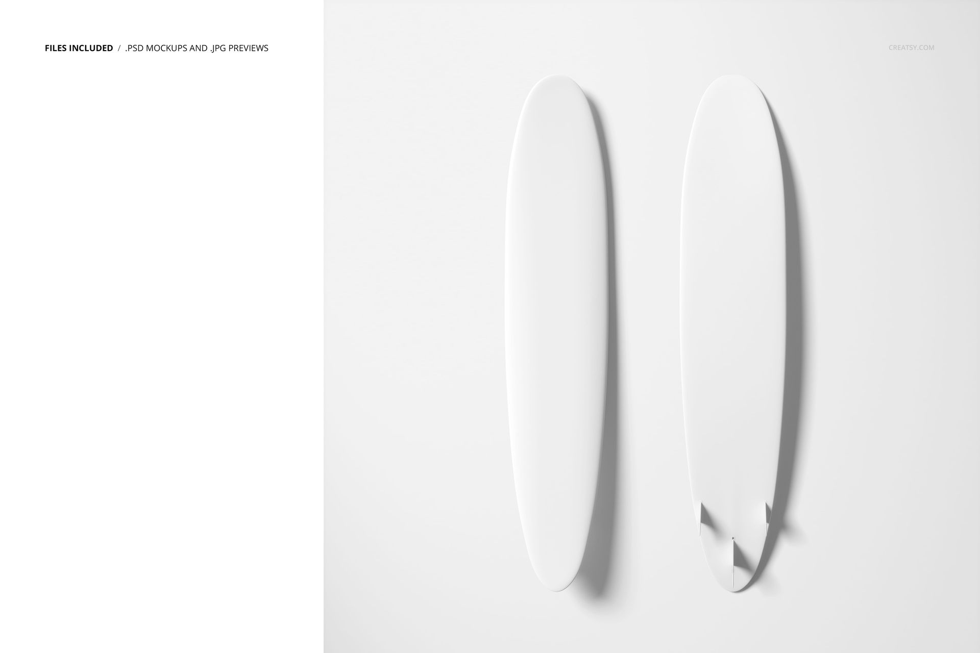 Minimalist scene showing two longboard surfboards in a PSD mockup, arranged side by side on a light backdrop.