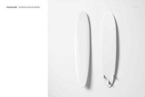 Minimalist scene showing two longboard surfboards in a PSD mockup, arranged side by side on a light backdrop.