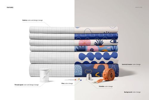 Front view of folded fabric mockup featuring geometric and abstract designs, with thread, thimble, and measuring tape.