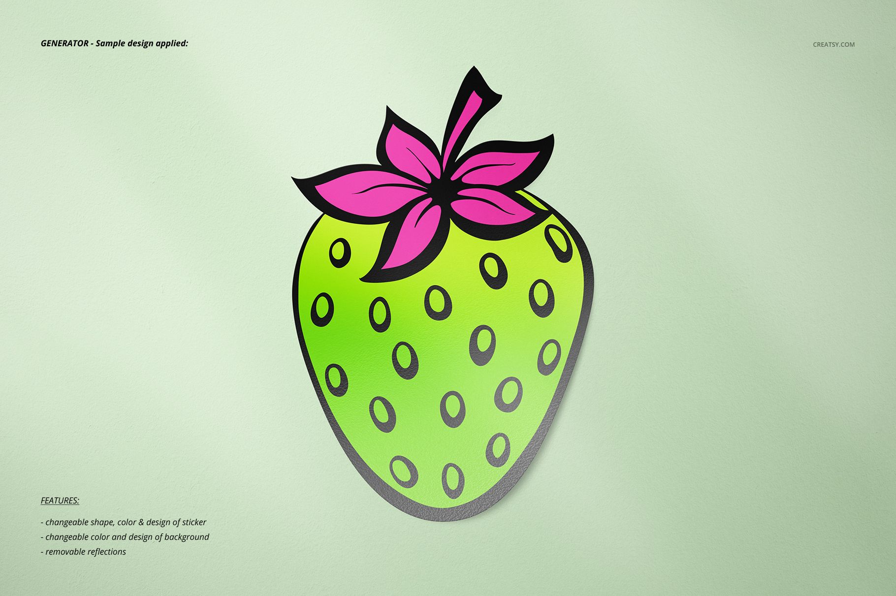 Strawberry-shaped sticker mockup featuring bright green and pink hues on a plain pastel green surface.