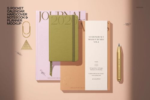 Flat lay of assorted stationery items including a hardcover notebook, planner, and calendar mockup in soft neutral tones.