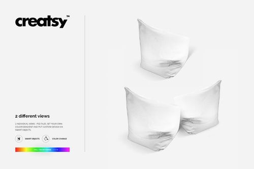 PSD mockup featuring a pair of blank bean bags with soft folds, positioned on a neutral background for design editing.