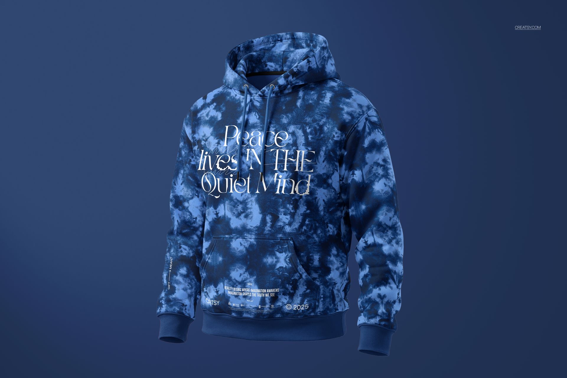 Blue and black tie-dye men's hoodie mockup with white text, presented in a centered front perspective on a blue background.